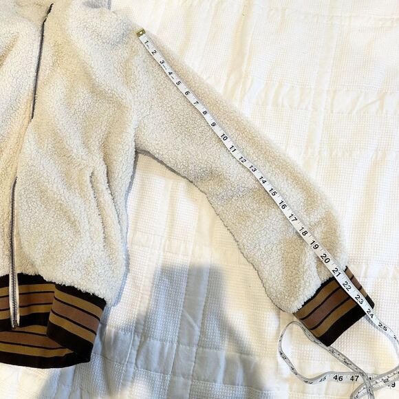 Mystree Jacket Womens Large Cream Brown Sherpa Teddy Bomber Stripe Faux Sherling - Picture 16 of 16
